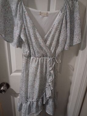 Altar'd State Floral Wrap Dress in Blue and Cream with Peach Accents
